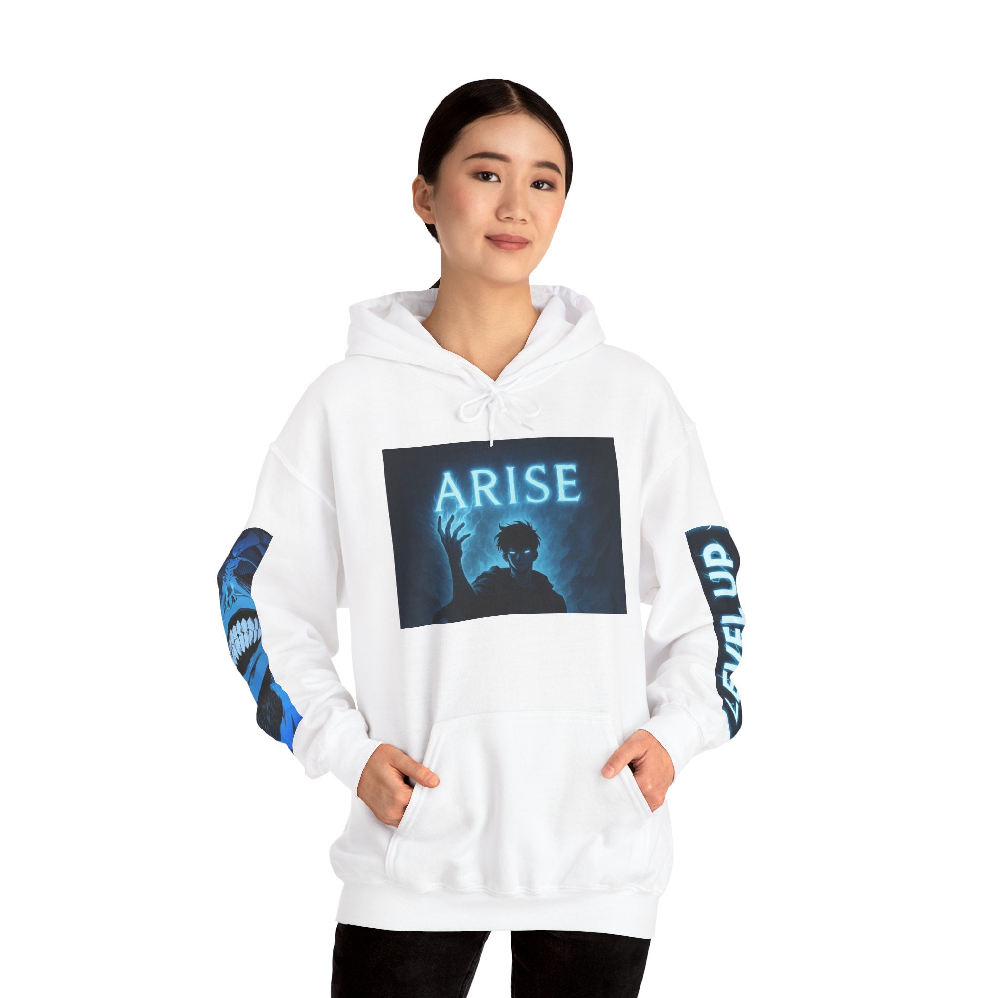 Arise silhouette figure Hoodie | Level Up sleeve graphic