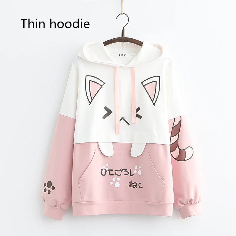 Harajuku Kawaii Women Cute Hoodie Black Pink Long Sleeve Graphic Cat Ear Anime Teen Girls Pullover