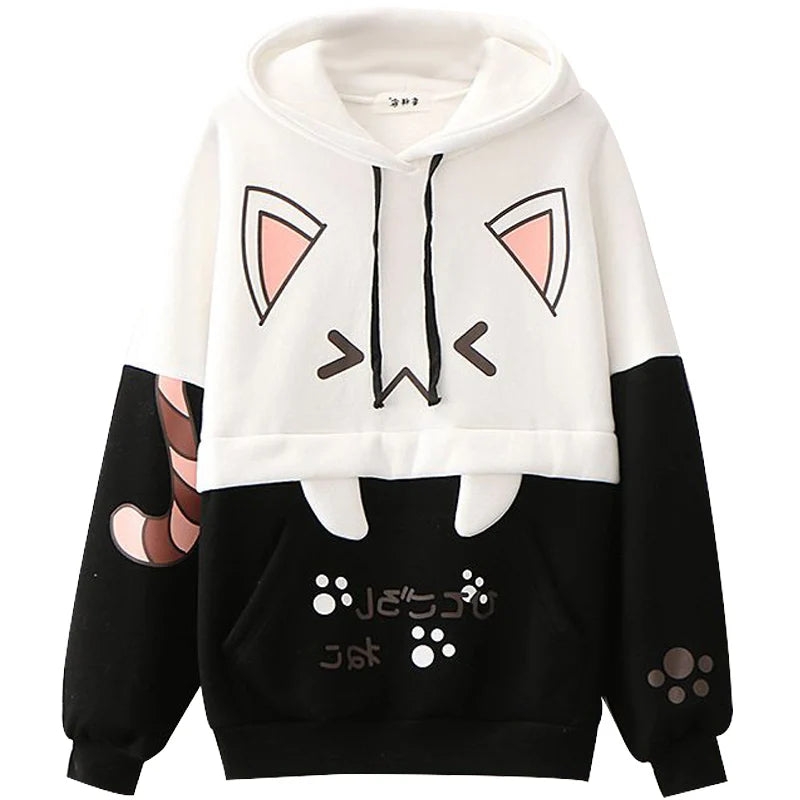 Harajuku Kawaii Women Cute Hoodie Black Pink Long Sleeve Graphic Cat Ear Anime Teen Girls Pullover