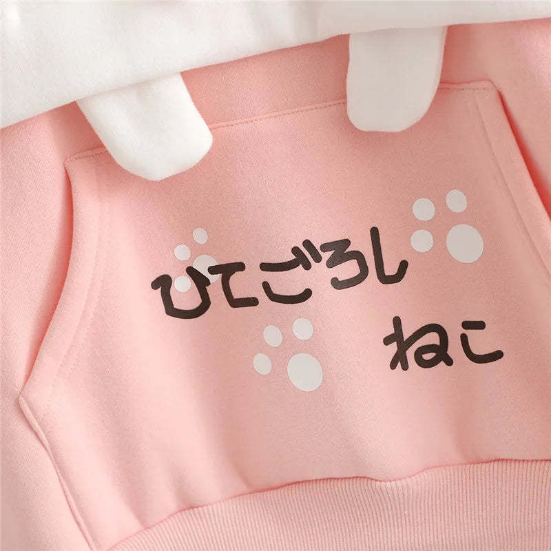Harajuku Kawaii Women Cute Hoodie Black Pink Long Sleeve Graphic Cat Ear Anime Teen Girls Pullover