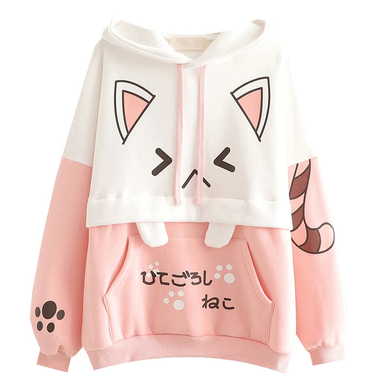 Harajuku Kawaii Women Cute Hoodie Black Pink Long Sleeve Graphic Cat Ear Anime Teen Girls Pullover