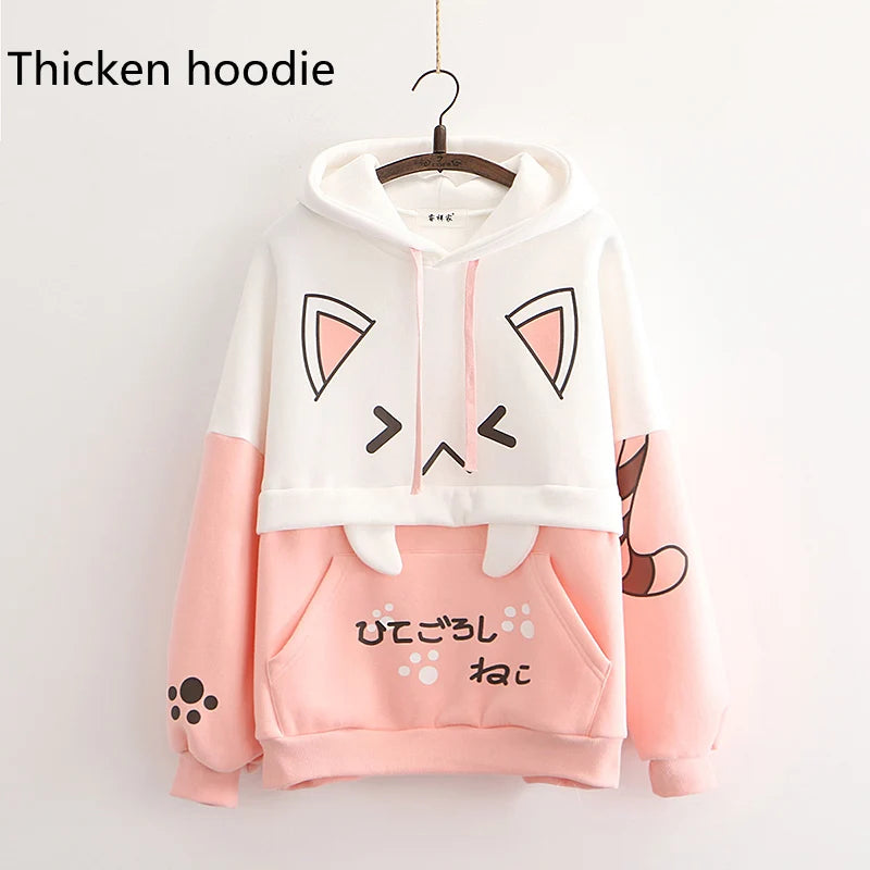Harajuku Kawaii Women Cute Hoodie Black Pink Long Sleeve Graphic Cat Ear Anime Teen Girls Pullover