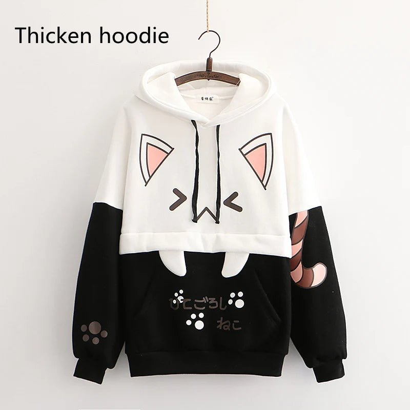 Harajuku Kawaii Women Cute Hoodie Black Pink Long Sleeve Graphic Cat Ear Anime Teen Girls Pullover