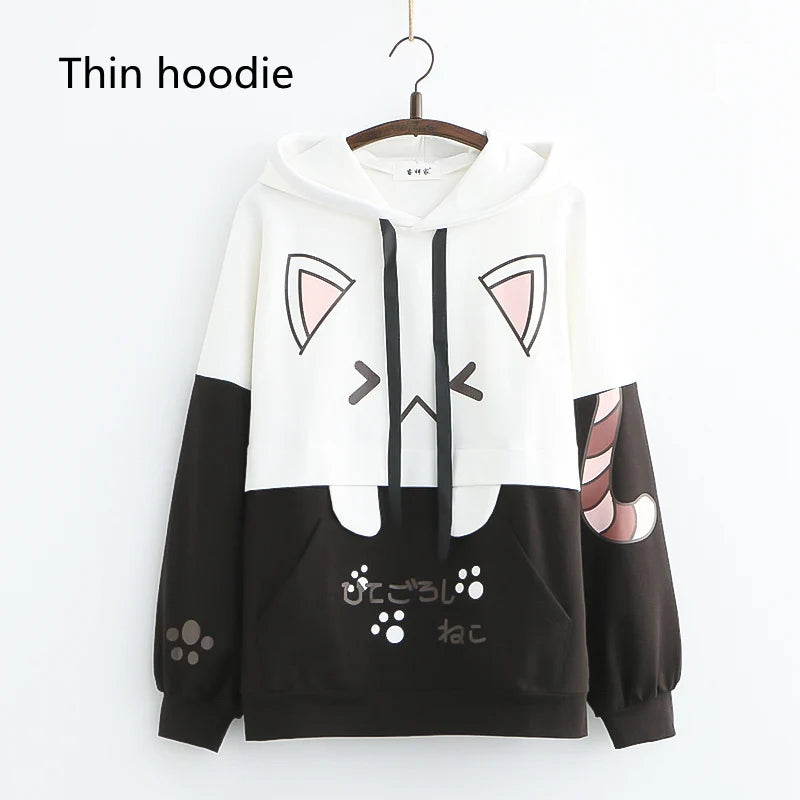 Harajuku Kawaii Women Cute Hoodie Black Pink Long Sleeve Graphic Cat Ear Anime Teen Girls Pullover