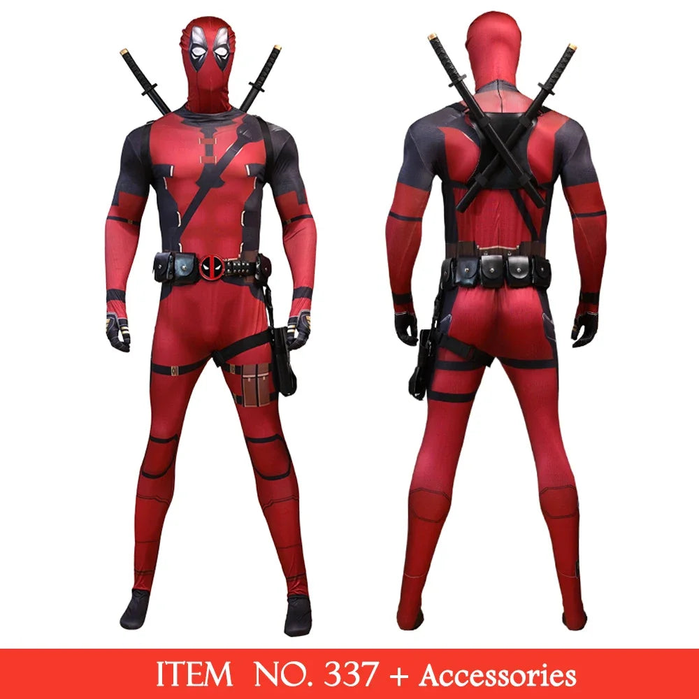 2025 New Superhero Deadpool Costume Adults Kids Halloween Cosplay Jumpsuit Bodysuit with Accessories Backpack Movie Character
