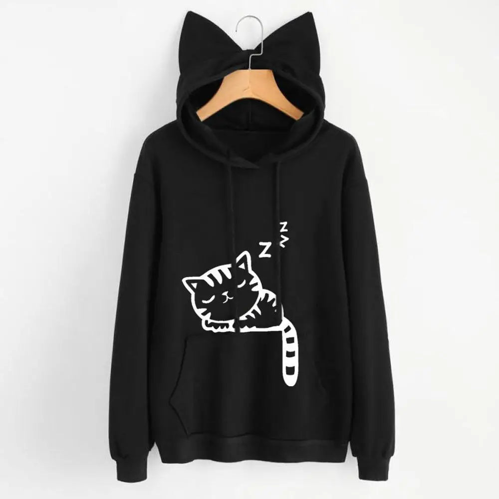 Long Sleeve Hoodies Sweatshirt For Women Cute Cat Print and Ear Kangaroo Pocket Drawstring Hooded Jogger Pullover Tops