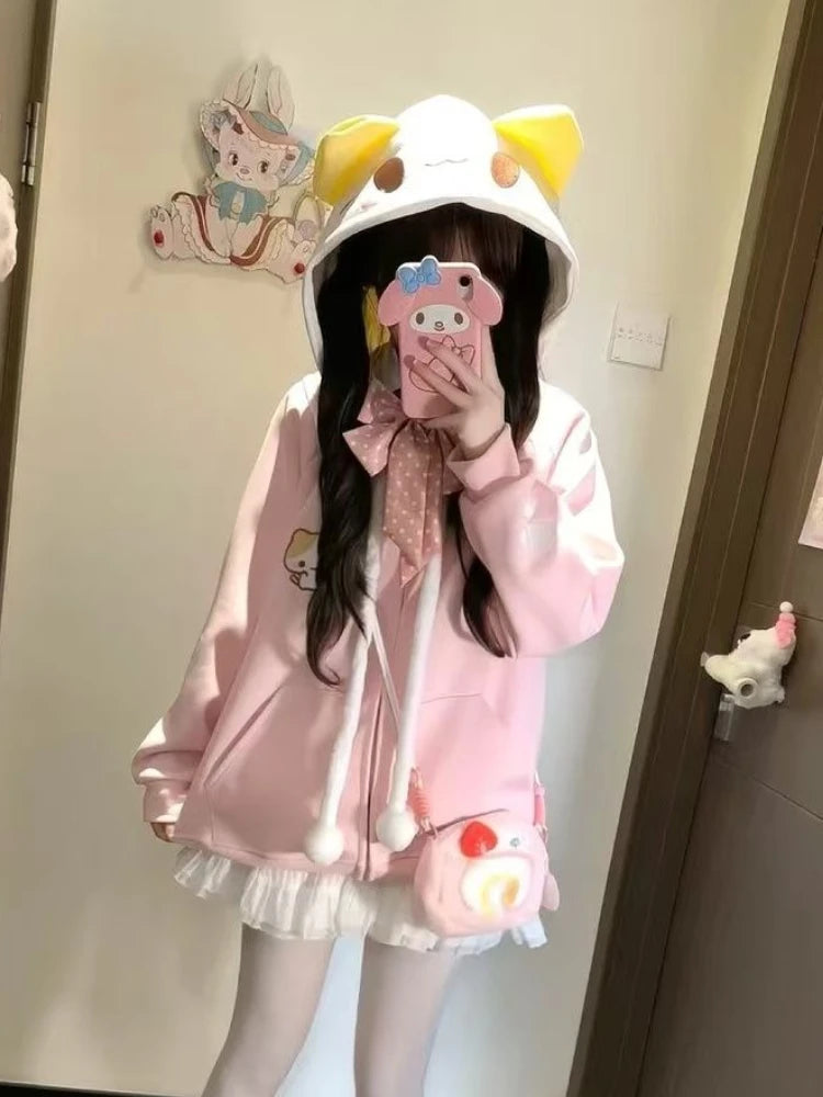 Kawaii Sweet Long Sleeve Hooded Hoodie Autumn New Japanese Pink Loose Lovely Coat Women's Design Warm Pretty Embroidery Overcoat
