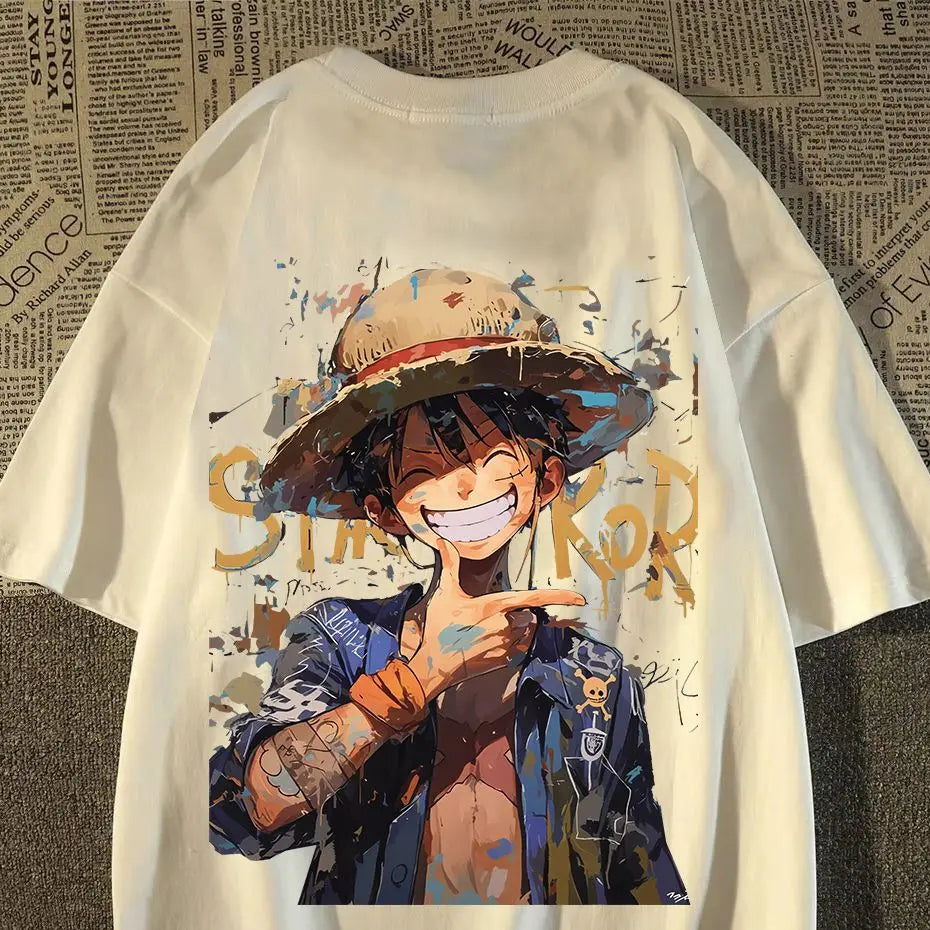 100% Cotton Heavy Short-sleeved T-shirt, The Same for Men and Women, Summer Japanese Gesture Luffy Loose Y2K