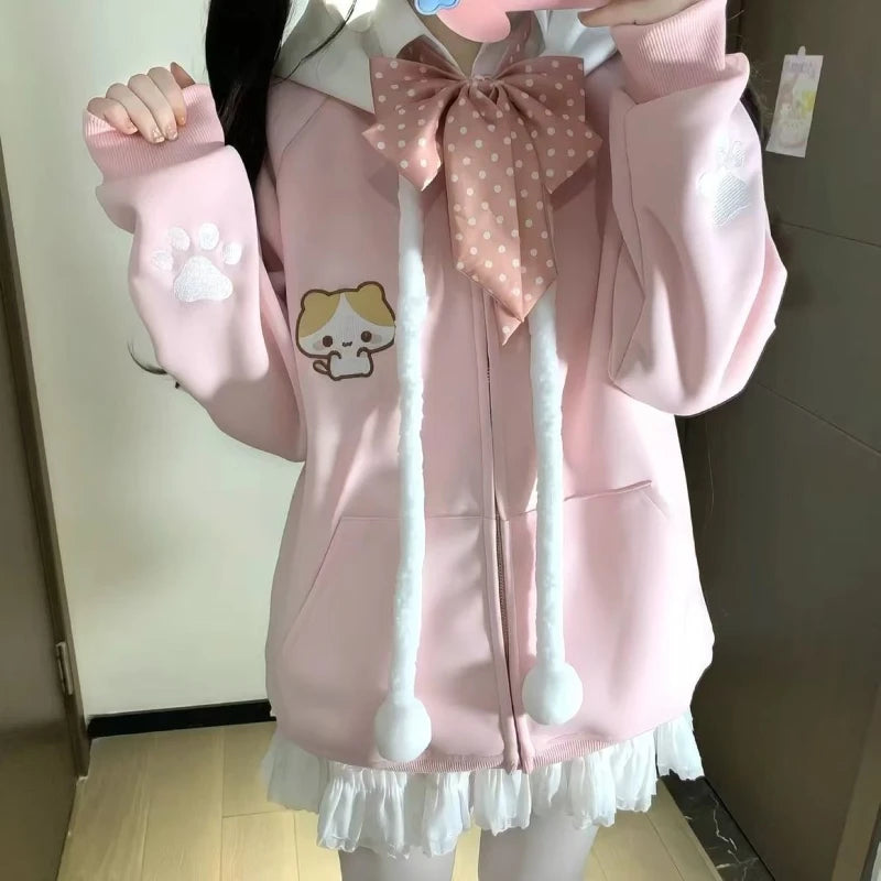 Kawaii Sweet Long Sleeve Hooded Hoodie Autumn New Japanese Pink Loose Lovely Coat Women's Design Warm Pretty Embroidery Overcoat