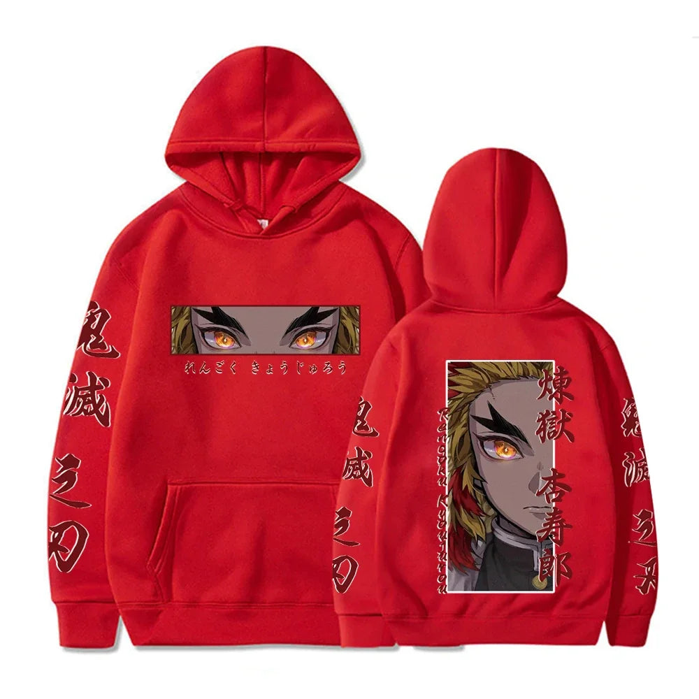 Hot Anime  Demon Slayer Hooded Rengoku Kyoujurou Eyes Graphic Print Autumn Winter Men Women Casual Sweatshirt Plus Size Hoodie