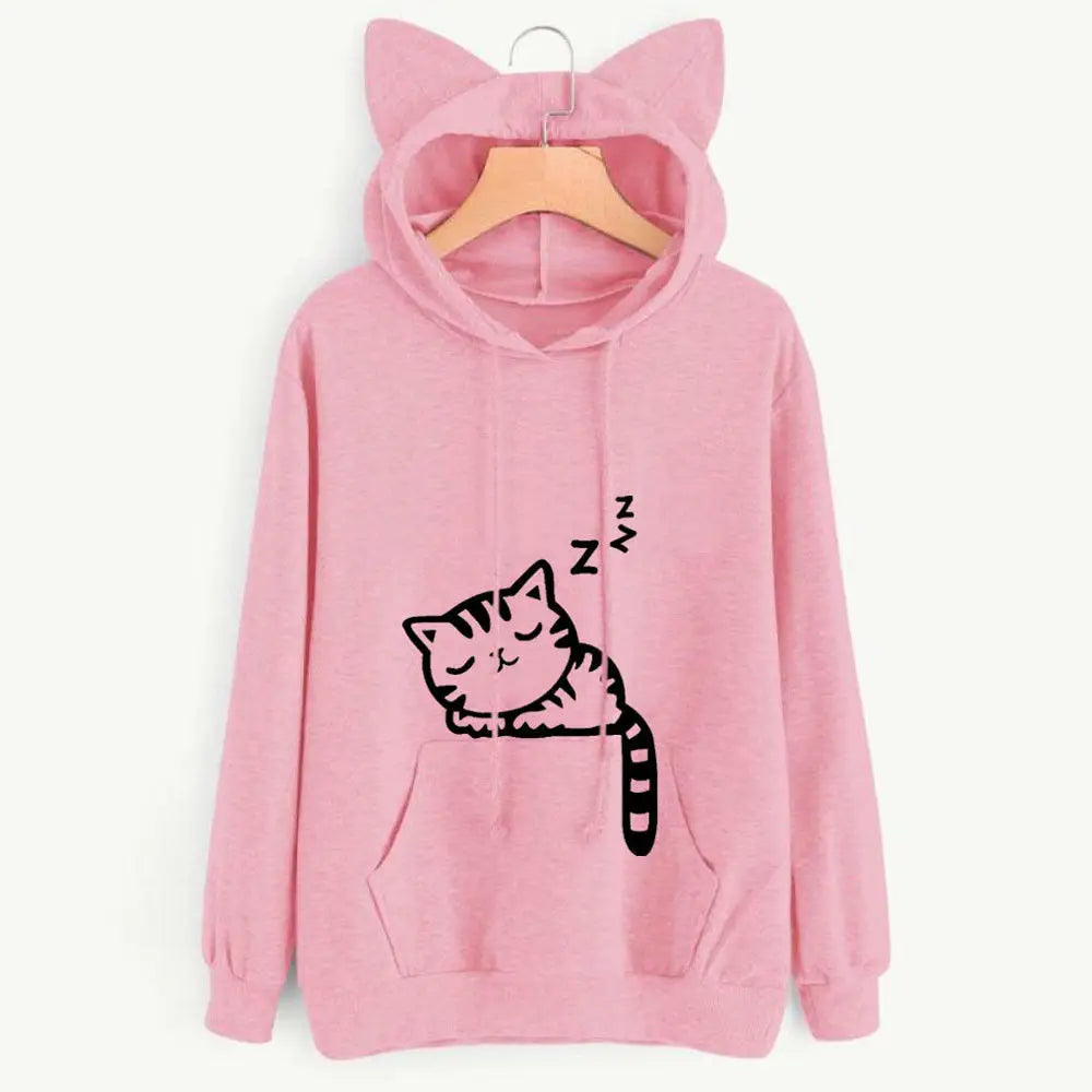 Long Sleeve Hoodies Sweatshirt For Women Cute Cat Print and Ear Kangaroo Pocket Drawstring Hooded Jogger Pullover Tops