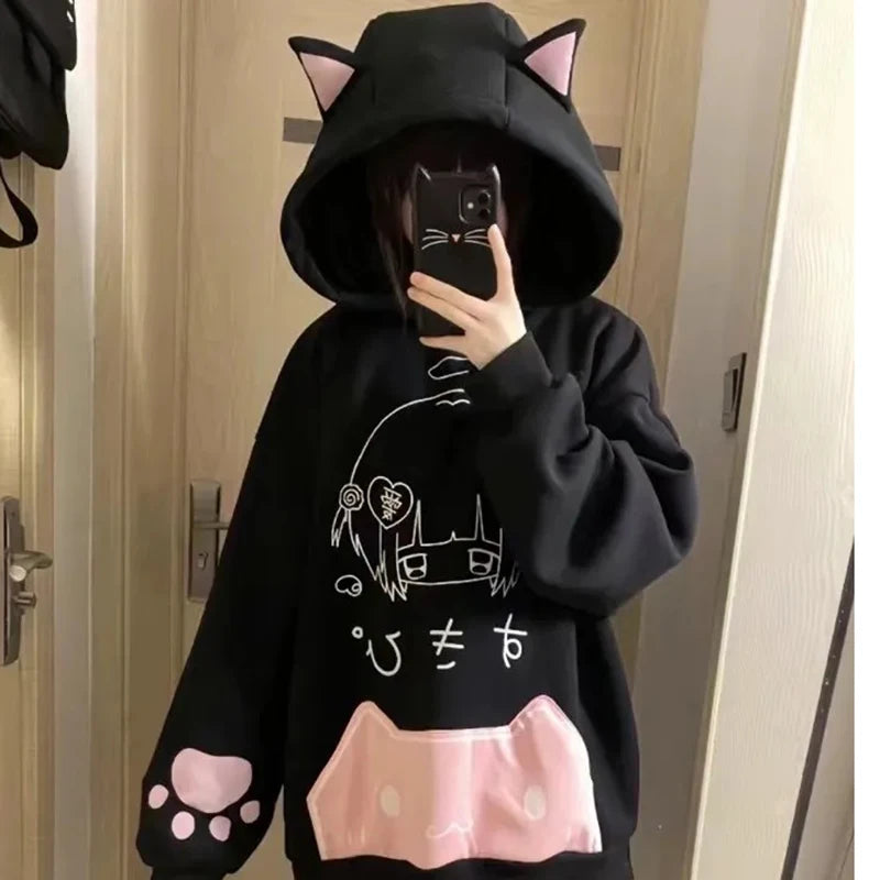 Japanese Cartoon Print Hoodies Subculture Sweet Cute Cat Ears Women Hooded Sweatshirts Fall Winter Harajuku Kawaii Loose Tops