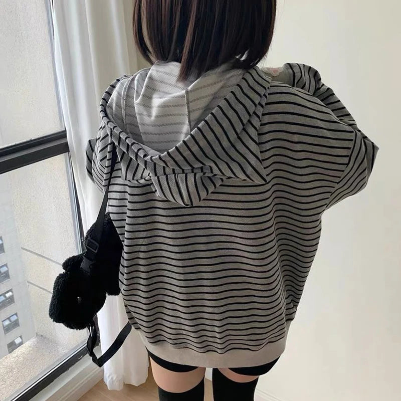 Embroidery Women Hoodies Japanese Sweet Cute Cat Ears Striped Hooded Sweatshirts Harajuku Streetwear Loose Casual Coats