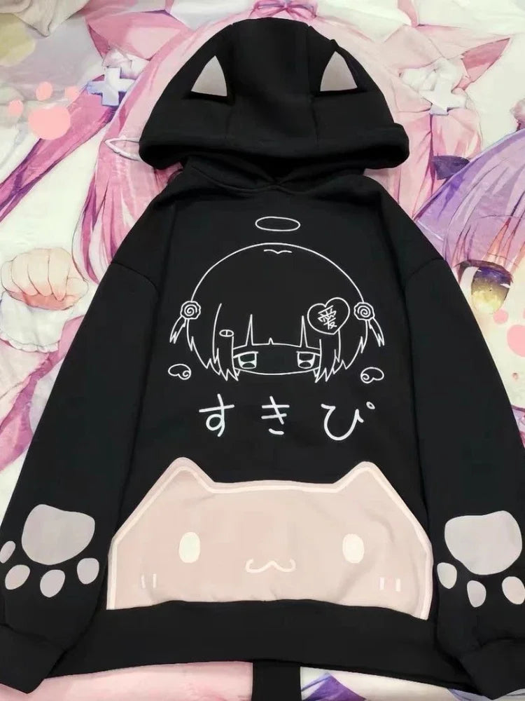 Japanese Cartoon Fleece Hoodies Women Harajuku Gothic Cat Ears Streetwear