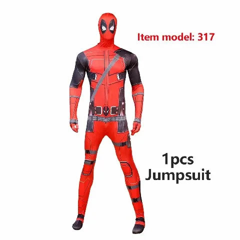 2025 New Superhero Deadpool Costume Adults Kids Halloween Cosplay Jumpsuit Bodysuit with Accessories Backpack Movie Character