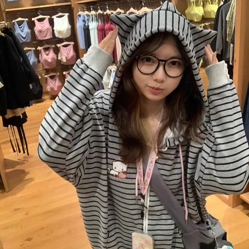 Embroidery Women Hoodies Japanese Sweet Cute Cat Ears Striped Hooded Sweatshirts Harajuku Streetwear Loose Casual Coats