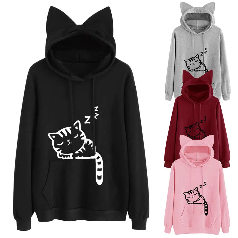 Long Sleeve Hoodies Sweatshirt For Women Cute Cat Print and Ear Kangaroo Pocket Drawstring Hooded Jogger Pullover Tops