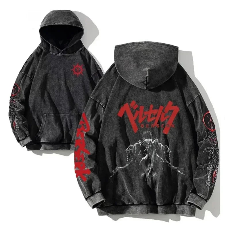 Anime Hoodie for Men Women Hip Hop Harajuku Acid Wash Pullover Hooded Sweatshirt Vintage Streetwear Casual Long Sleeve Tops