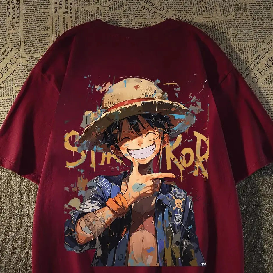 100% Cotton Heavy Short-sleeved T-shirt, The Same for Men and Women, Summer Japanese Gesture Luffy Loose Y2K