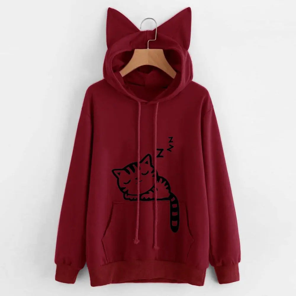 Long Sleeve Hoodies Sweatshirt For Women Cute Cat Print and Ear Kangaroo Pocket Drawstring Hooded Jogger Pullover Tops