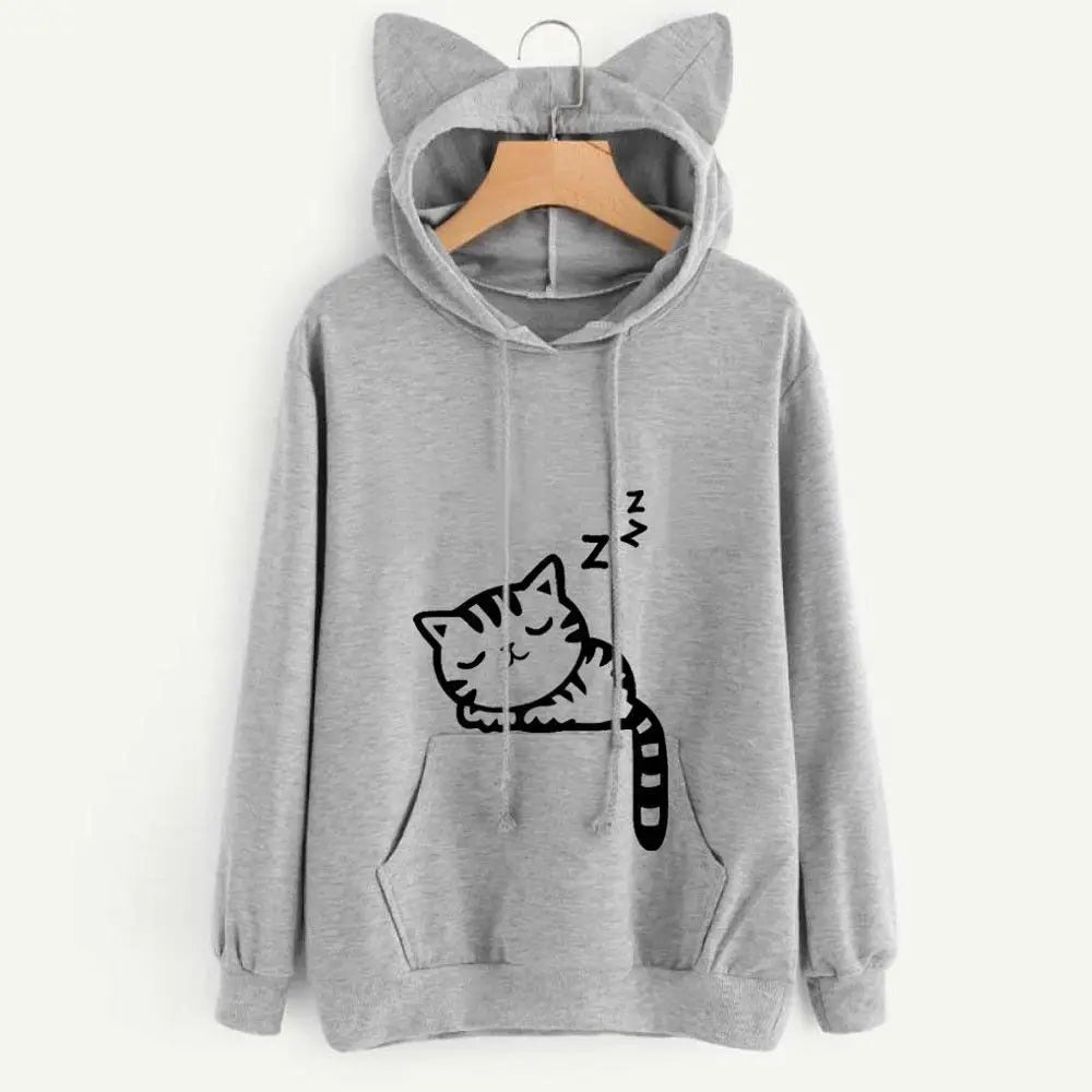 Long Sleeve Hoodies Sweatshirt For Women Cute Cat Print and Ear Kangaroo Pocket Drawstring Hooded Jogger Pullover Tops