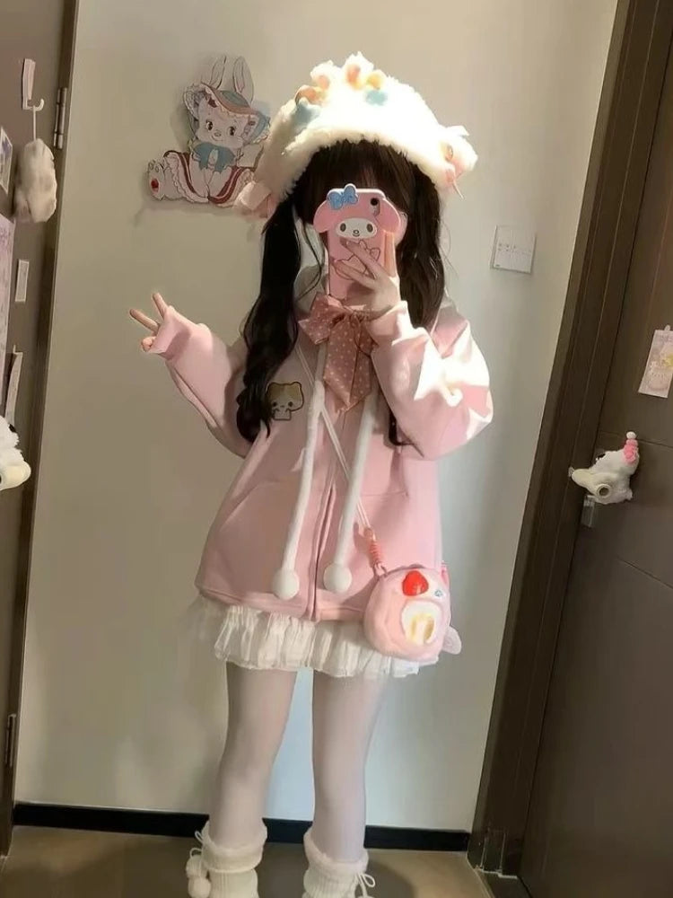 Kawaii Sweet Long Sleeve Hooded Hoodie Autumn New Japanese Pink Loose Lovely Coat Women's Design Warm Pretty Embroidery Overcoat