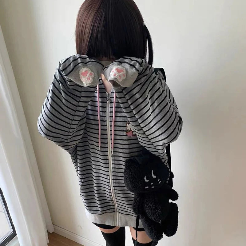Embroidery Women Hoodies Japanese Sweet Cute Cat Ears Striped Hooded Sweatshirts Harajuku Streetwear Loose Casual Coats
