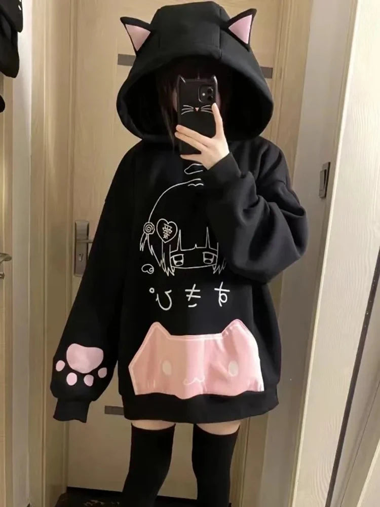 Japanese Cartoon Print Hoodies Subculture Sweet Cute Cat Ears Women Hooded Sweatshirts Fall Winter Harajuku Kawaii Loose Tops