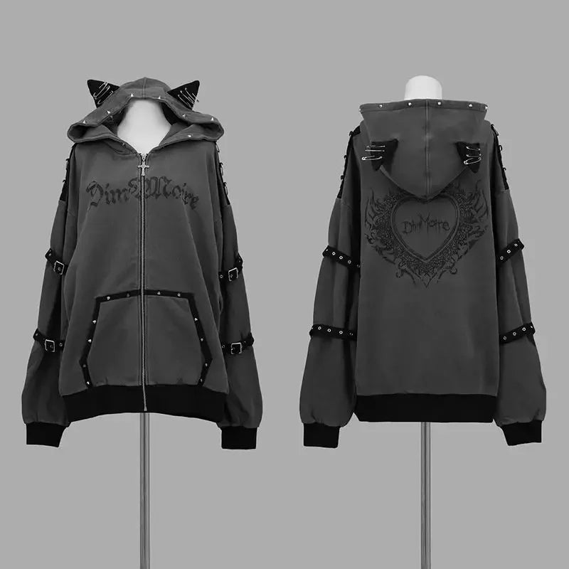 Streetwear Harajuku Hoodies Jackets Women's Clothing Hooded Punk Zipper Coat Japanese Rivet Print Fashion Casual Y2k Sweatshirts