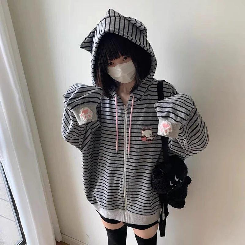 Embroidery Women Hoodies Japanese Sweet Cute Cat Ears Striped Hooded Sweatshirts Harajuku Streetwear Loose Casual Coats