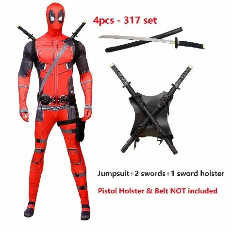 2025 New Superhero Deadpool Costume Adults Kids Halloween Cosplay Jumpsuit Bodysuit with Accessories Backpack Movie Character