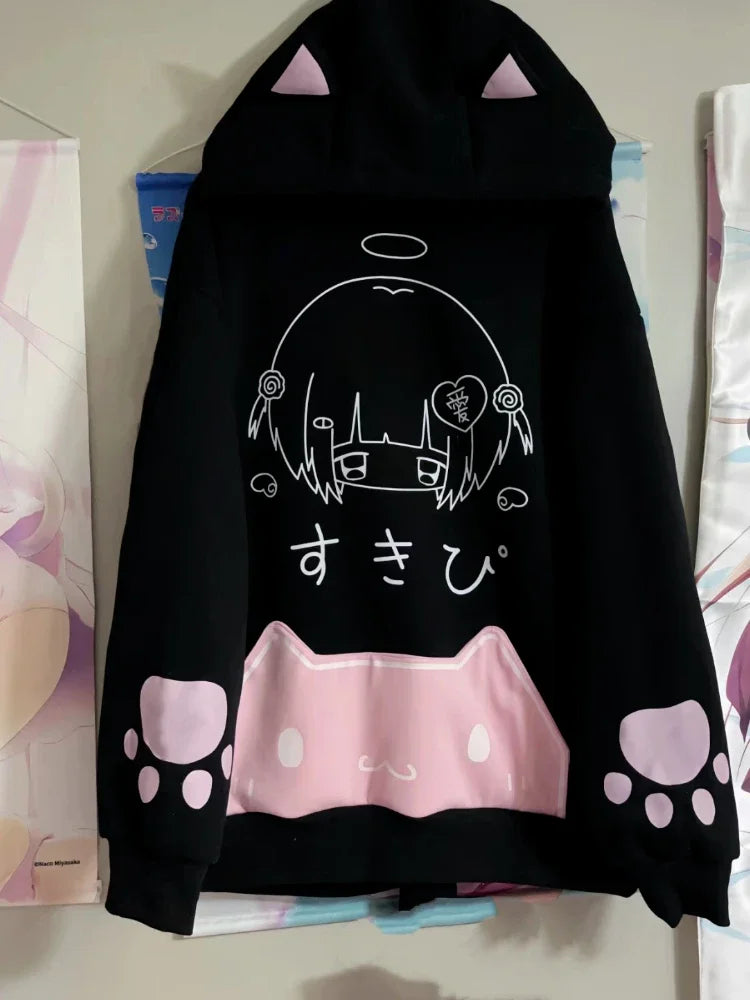 Japanese Cartoon Fleece Hoodies Women Harajuku Gothic Cat Ears Streetwear