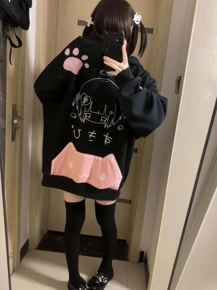 Japanese Cartoon Fleece Hoodies Women Harajuku Gothic Cat Ears Streetwear