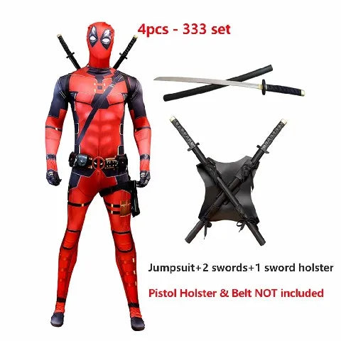 2025 New Superhero Deadpool Costume Adults Kids Halloween Cosplay Jumpsuit Bodysuit with Accessories Backpack Movie Character
