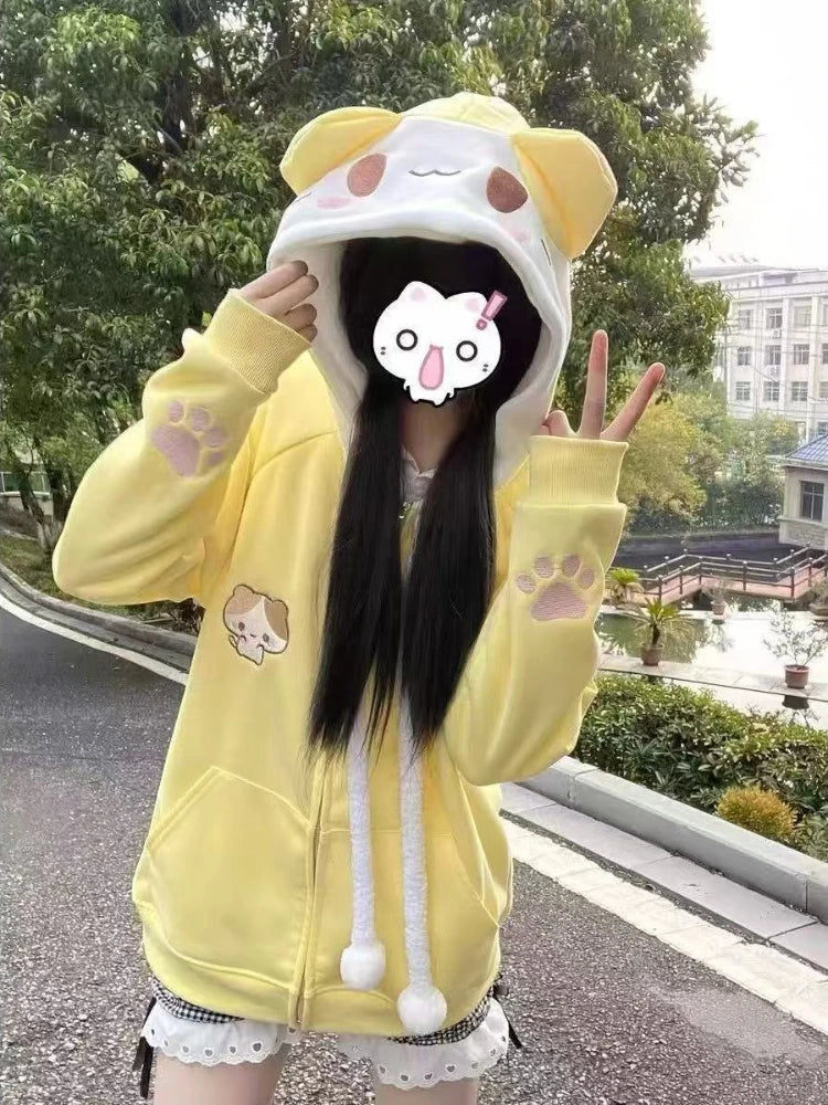 Kawaii Sweet Long Sleeve Hooded Hoodie Autumn New Japanese Pink Loose Lovely Coat Women's Design Warm Pretty Embroidery Overcoat