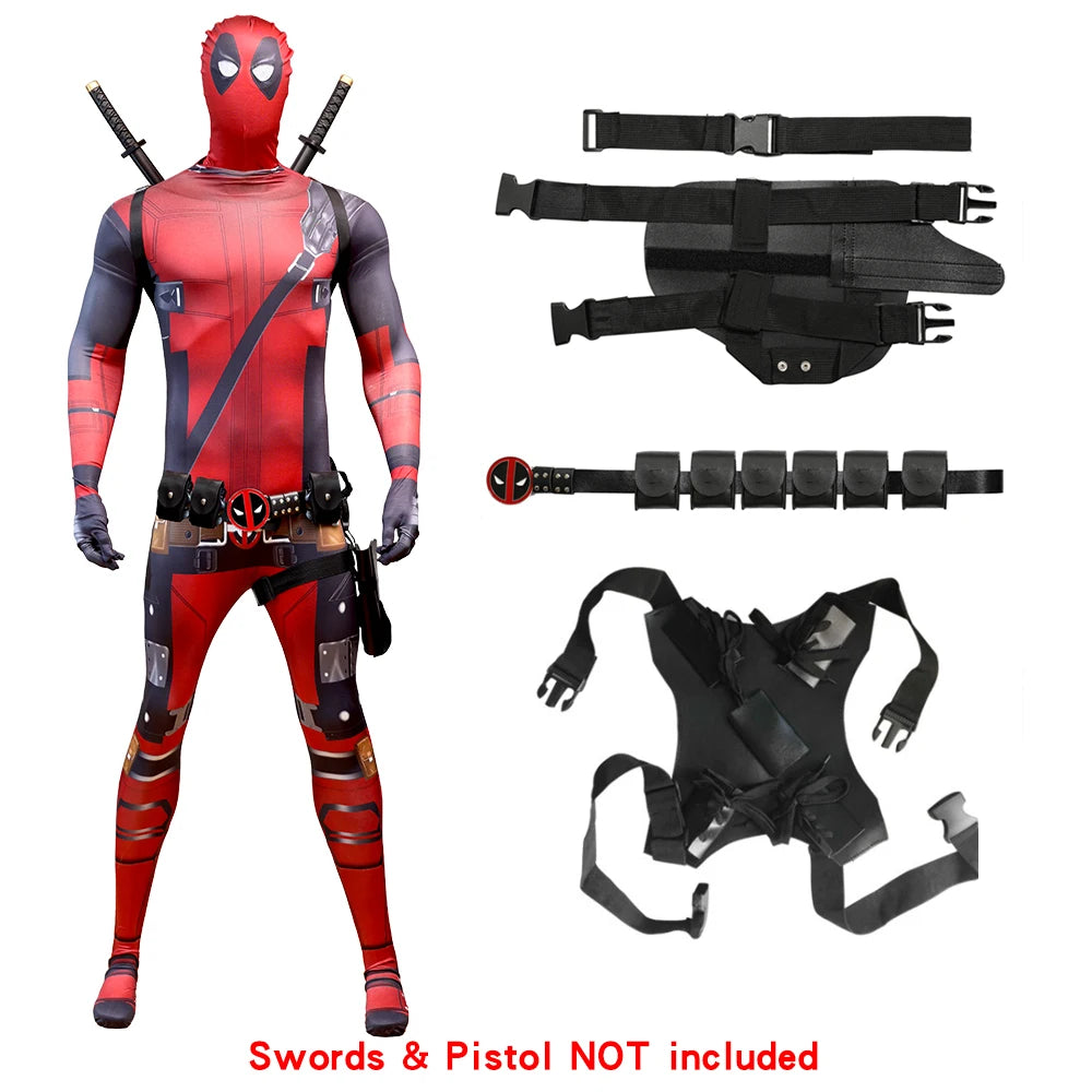 2025 New Superhero Deadpool Costume Adults Kids Halloween Cosplay Jumpsuit Bodysuit with Accessories Backpack Movie Character