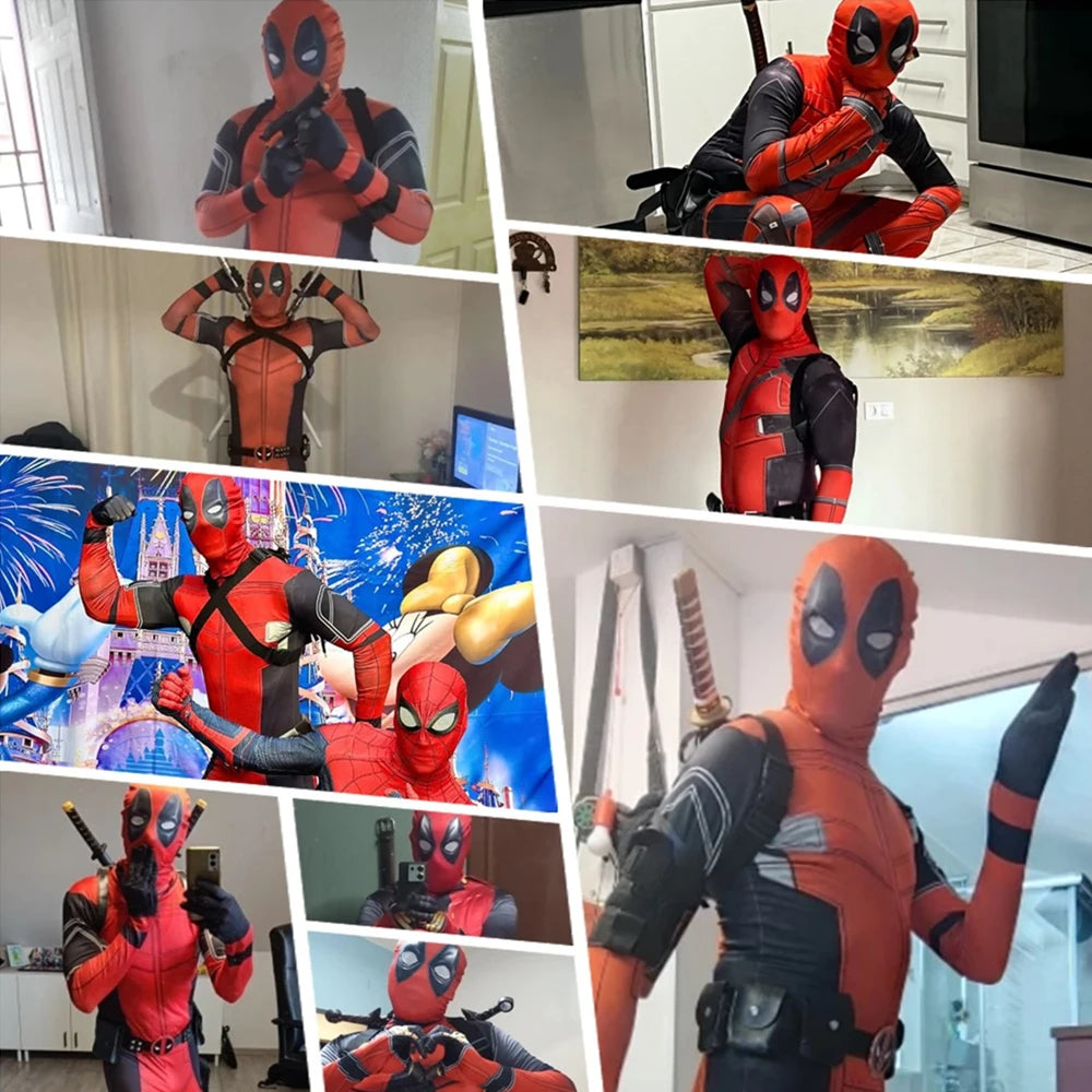 2025 New Superhero Deadpool Costume Adults Kids Halloween Cosplay Jumpsuit Bodysuit with Accessories Backpack Movie Character