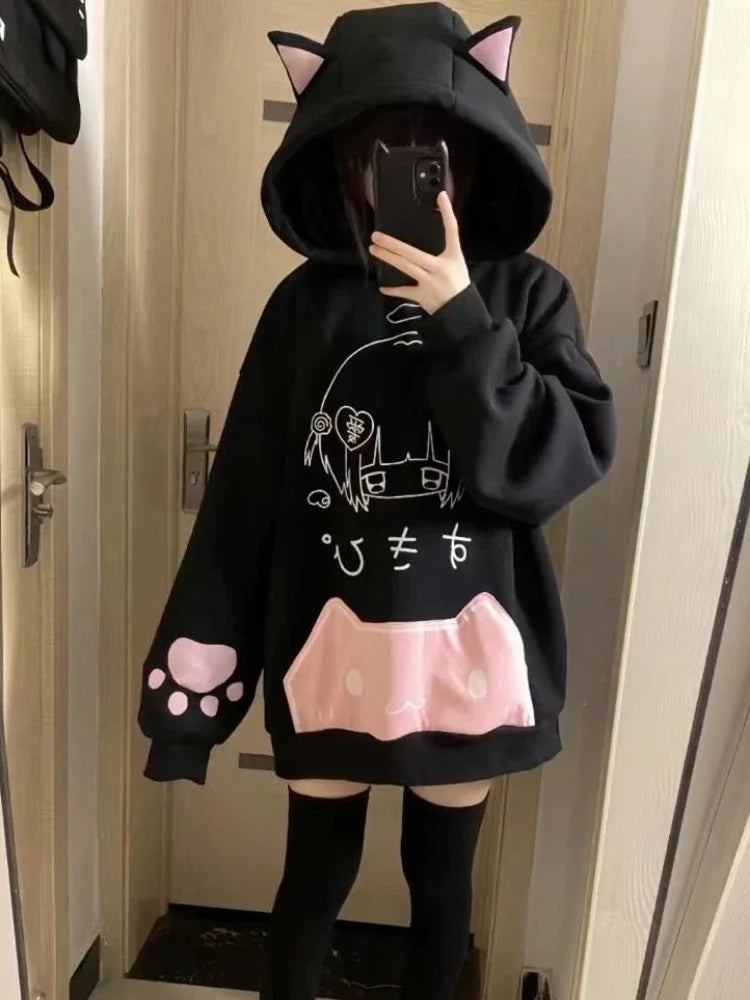 Japanese Cartoon Fleece Hoodies Women Harajuku Gothic Cat Ears Streetwear
