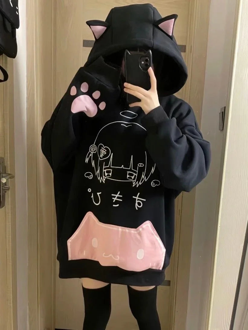 Japanese Cartoon Fleece Hoodies Women Harajuku Gothic Cat Ears Streetwear
