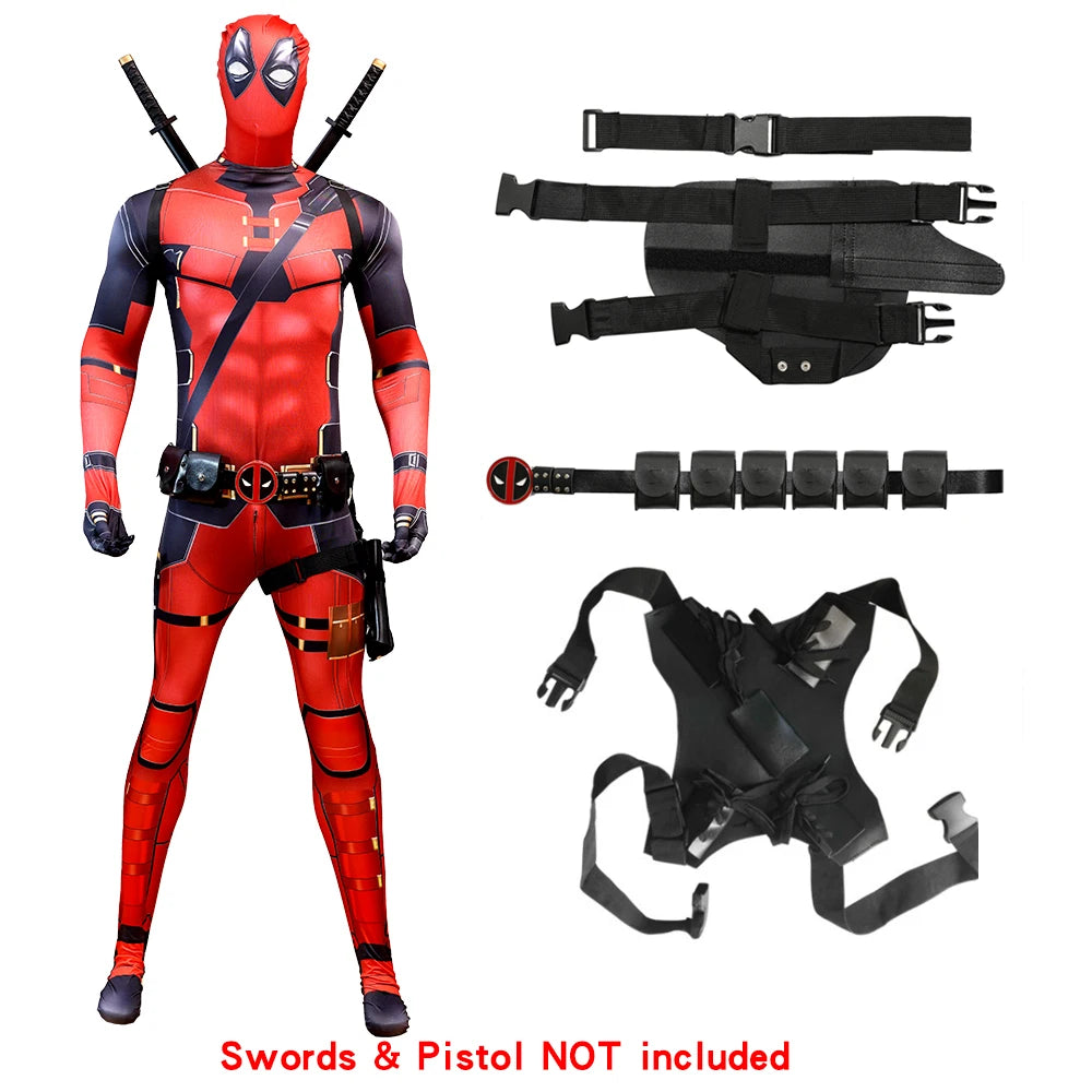 2025 New Superhero Deadpool Costume Adults Kids Halloween Cosplay Jumpsuit Bodysuit with Accessories Backpack Movie Character