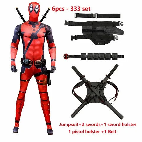 2025 New Superhero Deadpool Costume Adults Kids Halloween Cosplay Jumpsuit Bodysuit with Accessories Backpack Movie Character