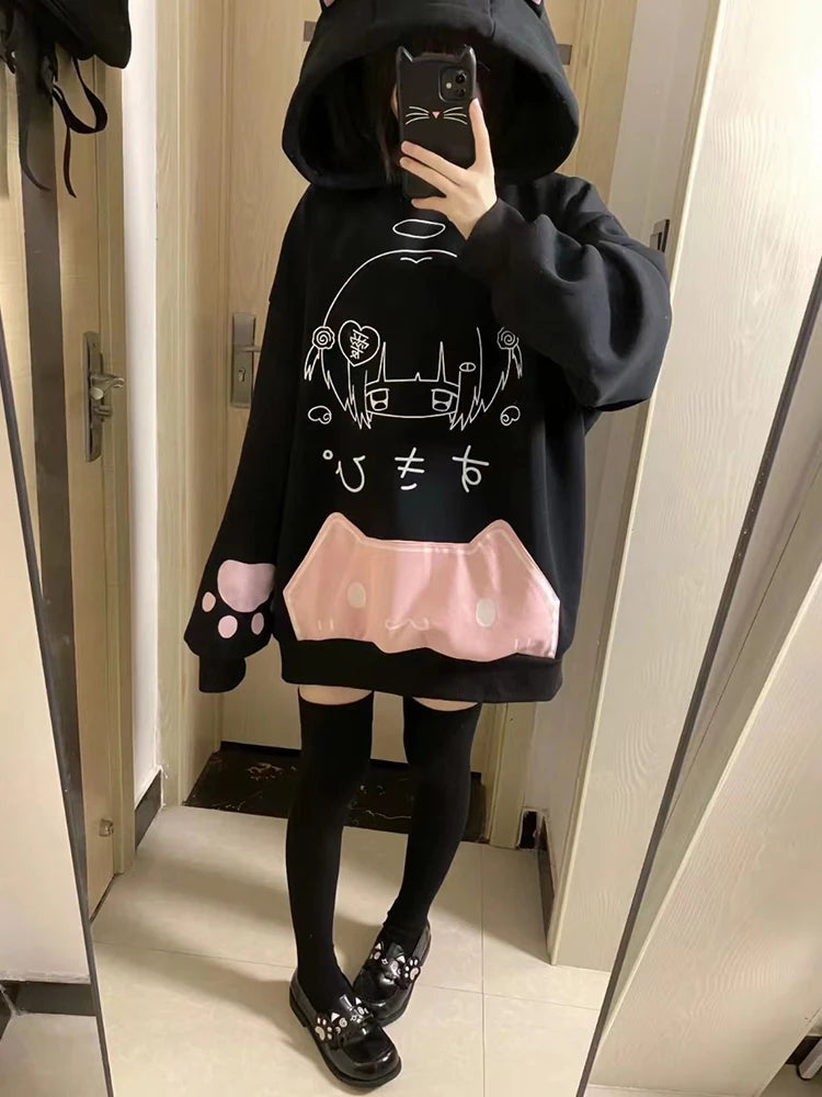 Japanese Cartoon Print Hoodies Subculture Sweet Cute Cat Ears Women Hooded Sweatshirts Fall Winter Harajuku Kawaii Loose Tops