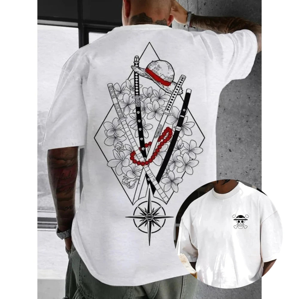 2025 One Piece Luffy Printed Cotton Short-sleeved American Loose Men's and Women's Summer Breathable Sport Round-neck T-shirt