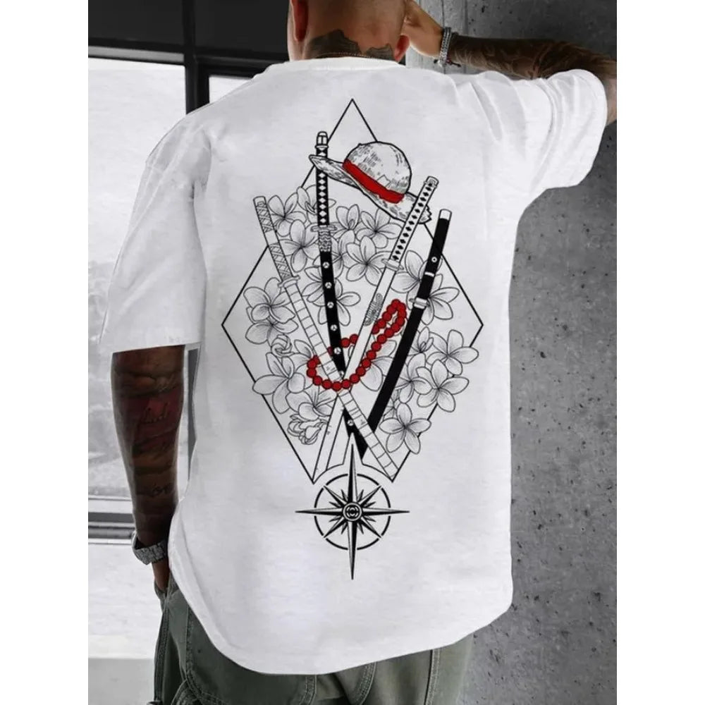 2025 One Piece Luffy Printed Cotton Short-sleeved American Loose Men's and Women's Summer Breathable Sport Round-neck T-shirt