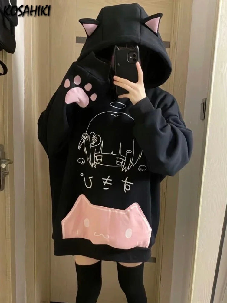 Japanese Cartoon Fleece Hoodies Women Harajuku Gothic Cat Ears Streetwear