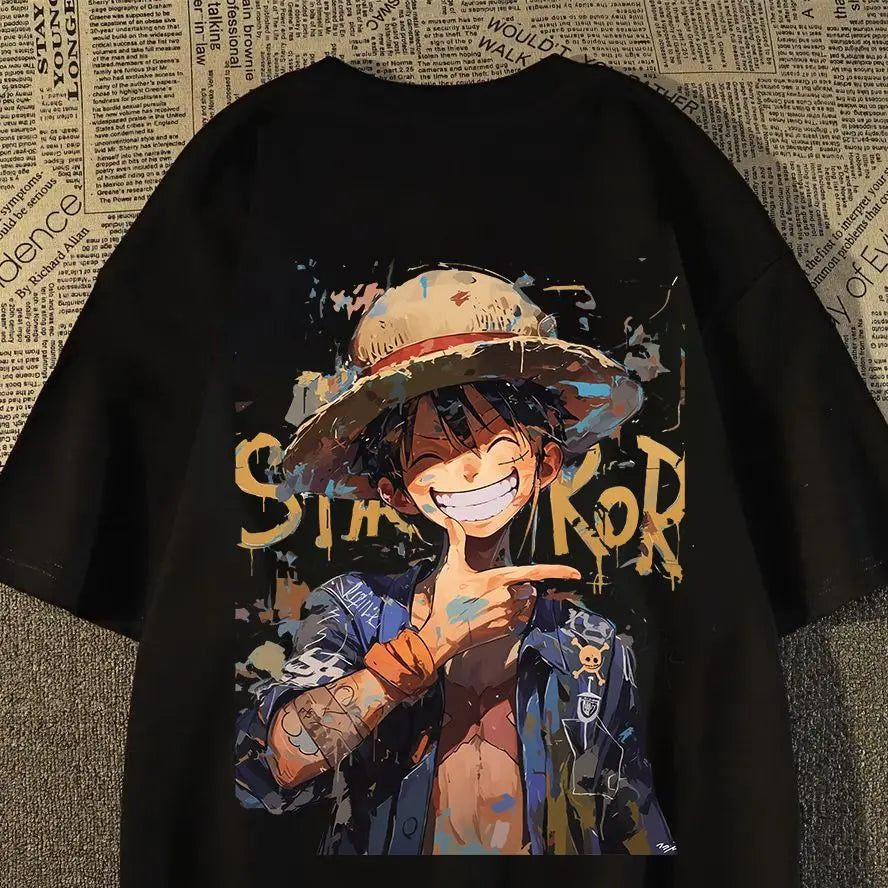 100% Cotton Heavy Short-sleeved T-shirt, The Same for Men and Women, Summer Japanese Gesture Luffy Loose Y2K