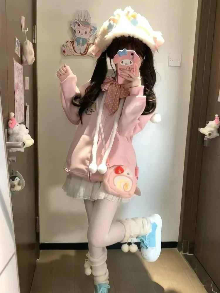 Kawaii Sweet Long Sleeve Hooded Hoodie Autumn New Japanese Pink Loose Lovely Coat Women's Design Warm Pretty Embroidery Overcoat