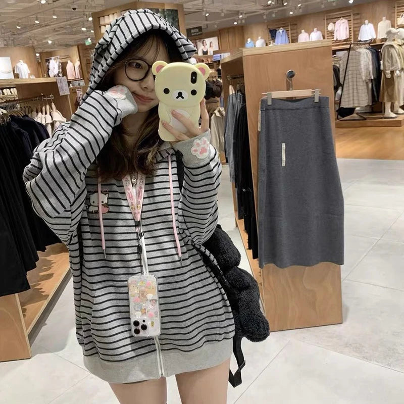 Embroidery Women Hoodies Japanese Sweet Cute Cat Ears Striped Hooded Sweatshirts Harajuku Streetwear Loose Casual Coats
