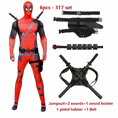2025 New Superhero Deadpool Costume Adults Kids Halloween Cosplay Jumpsuit Bodysuit with Accessories Backpack Movie Character