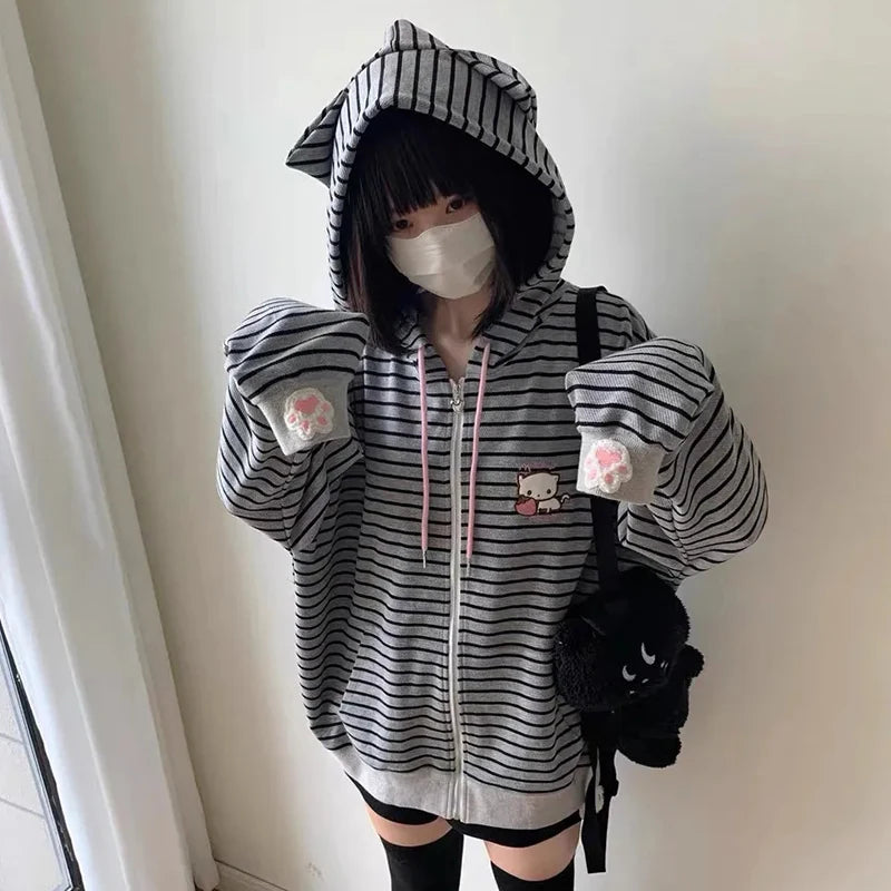 Embroidery Women Hoodies Japanese Sweet Cute Cat Ears Striped Hooded Sweatshirts Harajuku Streetwear Loose Casual Coats